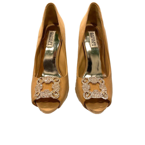 Badgley Mischka - Light Brown satin rhinestones peep toe Heels, size 8 1/2 - Picture 1 of 5